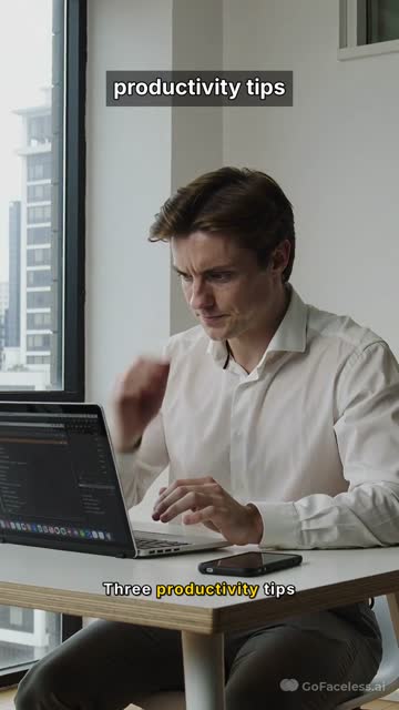 Faceless video example: Make a 15 second video about productivity tips for startup founders in a clean modern style. Audience: busy founders. Tone: practical and direct. Use simple visuals, short captions, and a clear takeaw