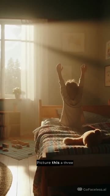 Faceless video example: Create a video of 3 year old boy getting up in bend in morning, and saying first thing we should do after getting up is praying 3 navakarcmantra with folded hands and then touch our elders feet and say with folded hands jai jinendra