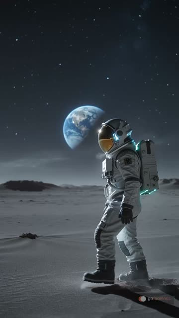 Faceless video example: Create a 10 second cinematic AI visual about a lonely astronaut discovering a glowing door on the moon. Make it feel mysterious, visual, and smooth.